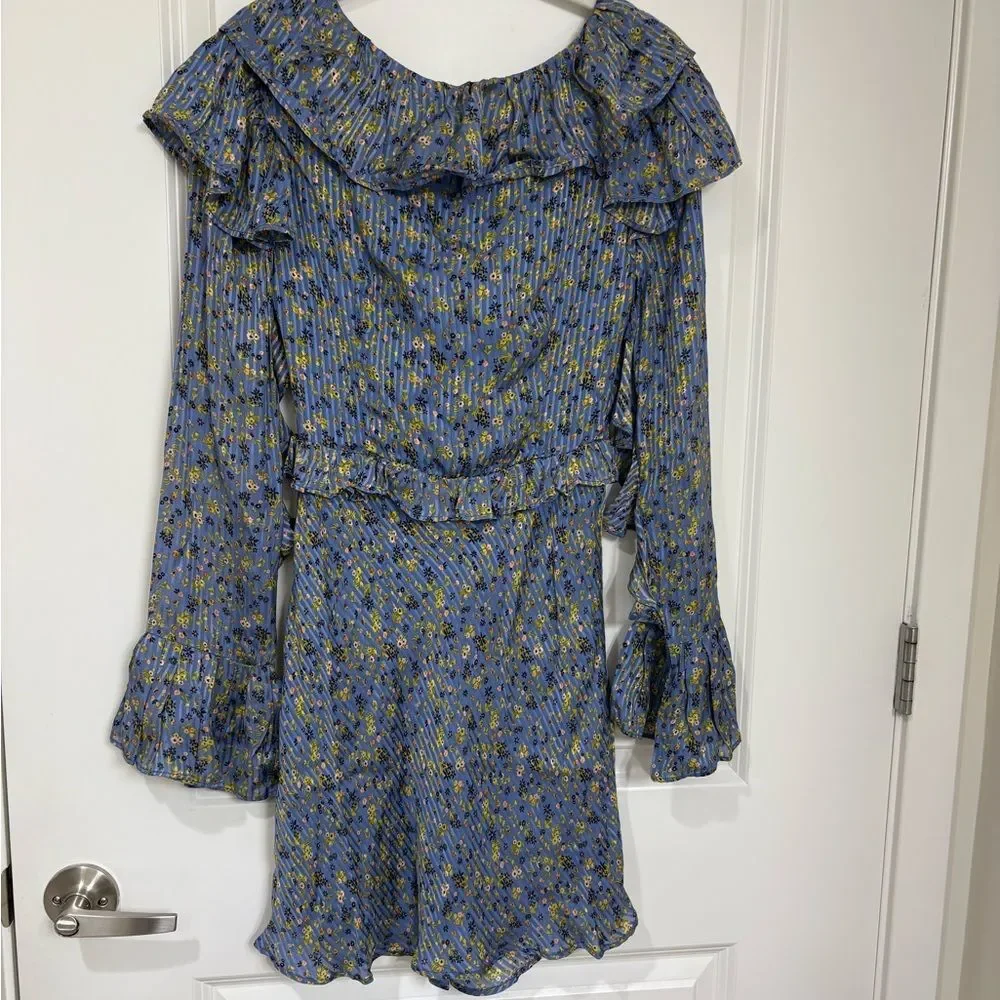NWT Free People Blue Floral Ruffle Mini Dress Long Bell Sleeves Size 4